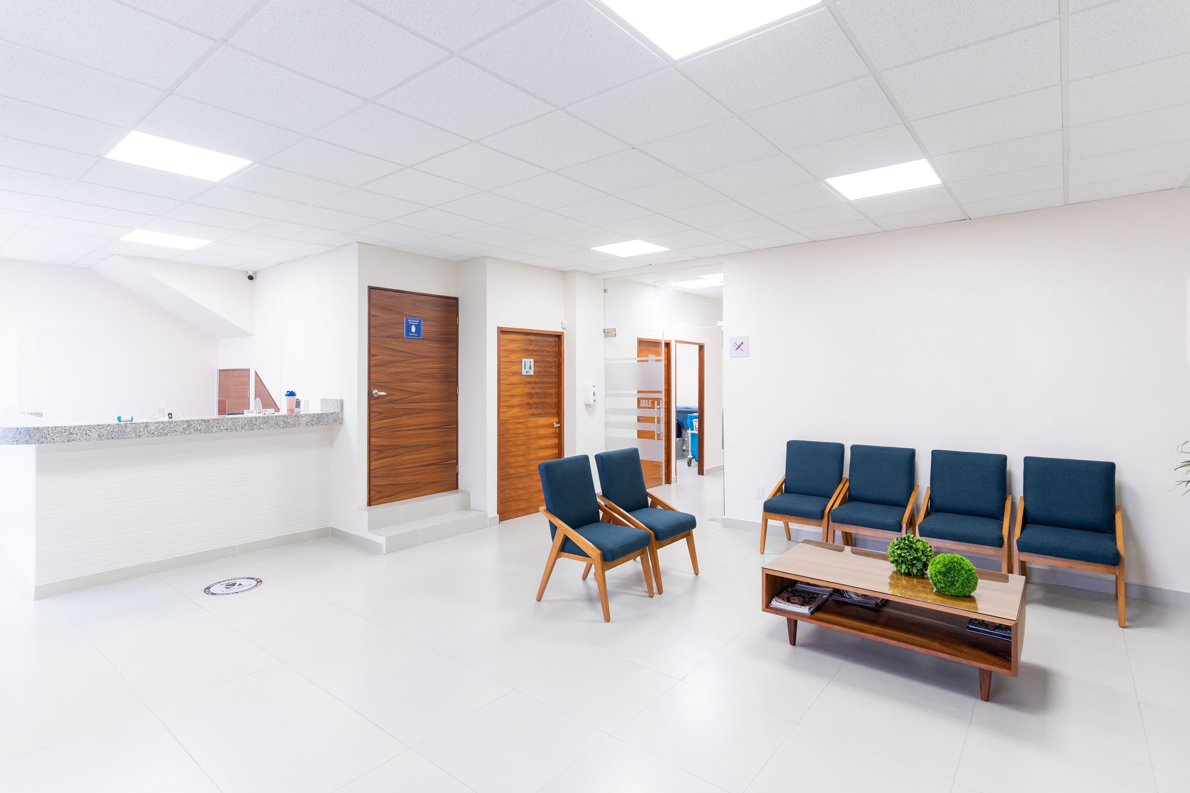 Ruang tunggu klinik dengan sofa dan dekorasi yang terang